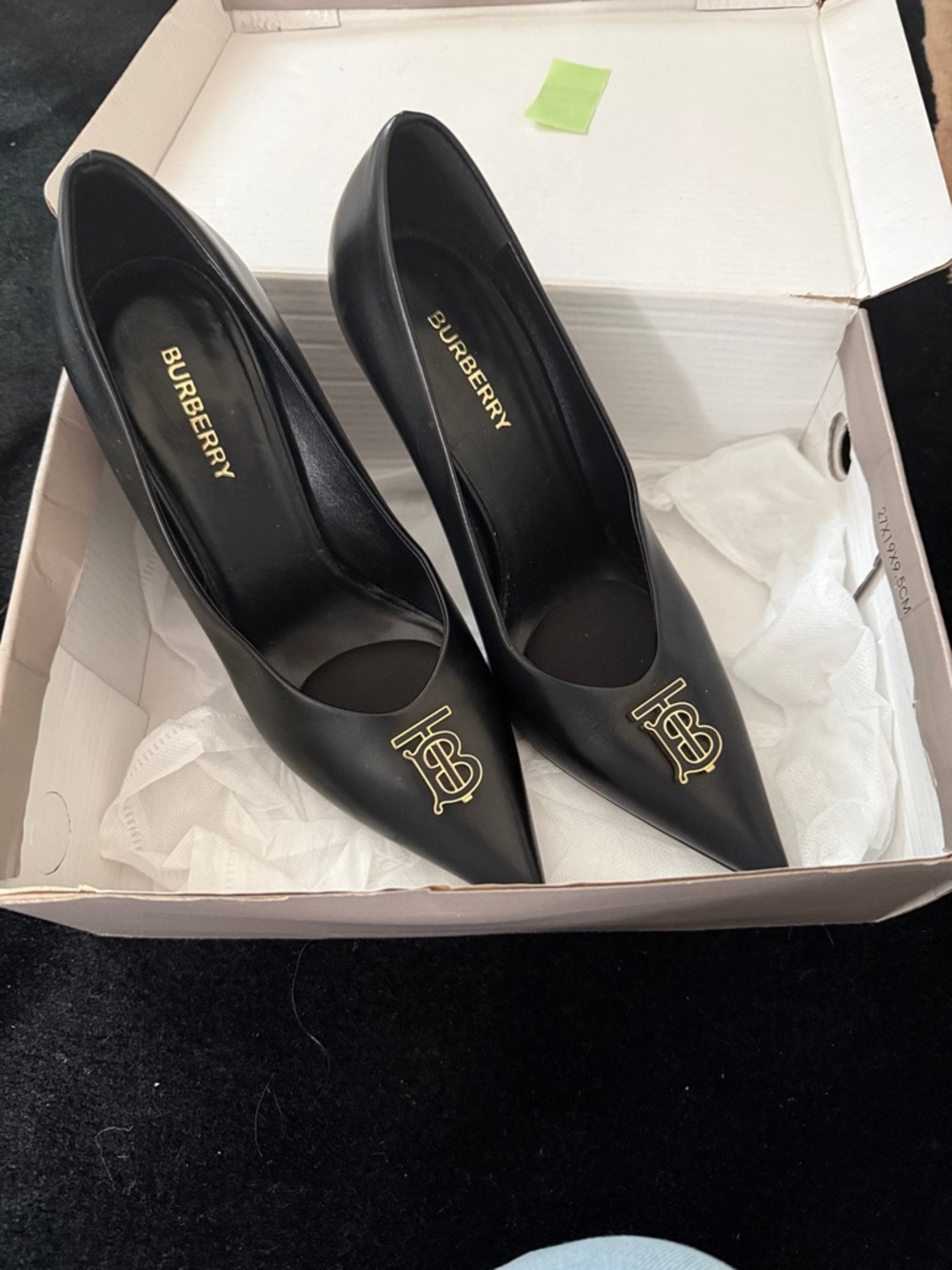 Burberry Black Leather Pointed Toe Pumps with Gold TB Emblem